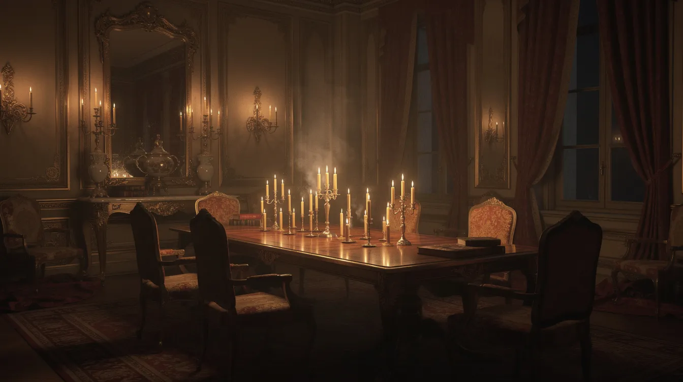 Das stimmungsvolle Interieur eines herrschaftlichen Raumes des 18. Jahrhunderts zeigt einen großen Tisch, der nur von Kerzen beleuchtet wird. Die opulente Ausstattung und die schweren Vorhänge vermitteln den Reichtum und die Eleganz des englischen Adels, ähnlich wie in Stanley Kubricks Meisterwerk "Barry Lyndon".