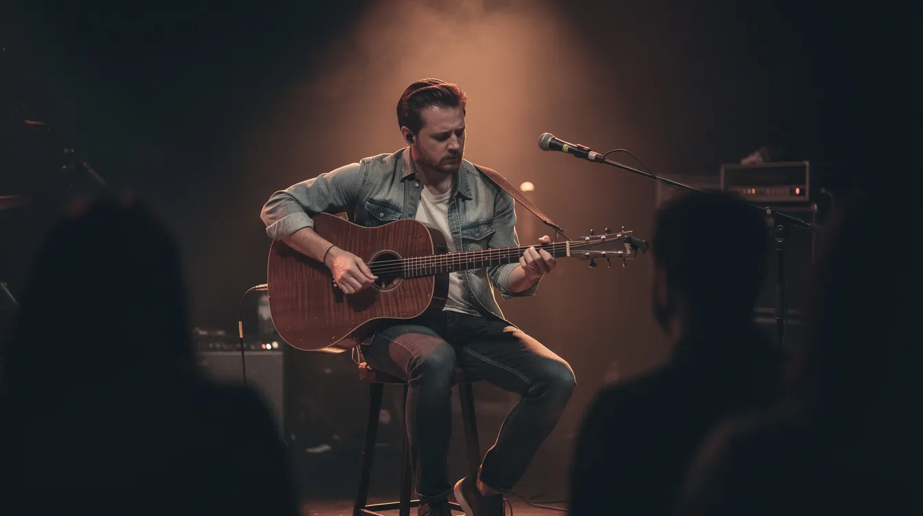 Ein Musiker sitzt auf einer kleinen Bühne und spielt Akustikgitarre, während stimmungsvolles, gedämpftes Licht die Atmosphäre um ihn herum schafft. Diese Szene erinnert an die emotionalen Momente in Filmen wie "Good Will Hunting", in denen Musik eine zentrale Rolle spielt.