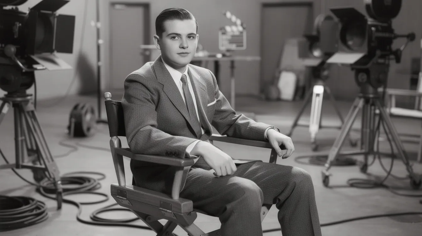 Das Schwarz-Weiß-Porträt zeigt einen jungen Mann aus den 1940er Jahren, der selbstbewusst in einem Regiestuhl auf einem Filmset sitzt, umgeben von Studioausrüstung. Die Szene vermittelt das Gefühl von Erfolg und Kreativität in der Welt des Films, ähnlich wie die Charaktere in "Citizen Kane".