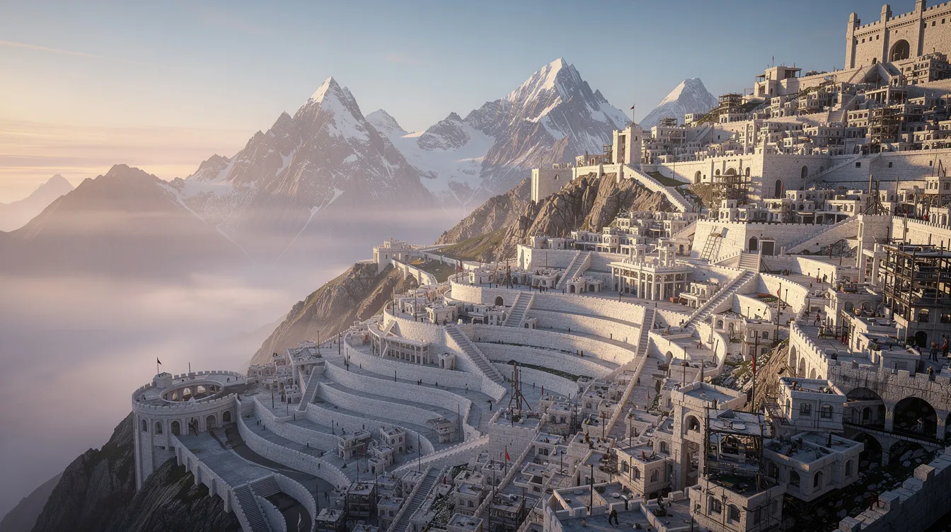 Die panoramische Ansicht zeigt eine weiße, gestufte Stadt, die in die Berge eingebaut ist und im goldenen Licht der Morgensonne erstrahlt. Im Hintergrund sind schneebedeckte Gipfel zu sehen, die an die majestätische Kulisse von Minas Tirith aus "Der Herr der Ringe: Die Rückkehr des Königs" erinnern.