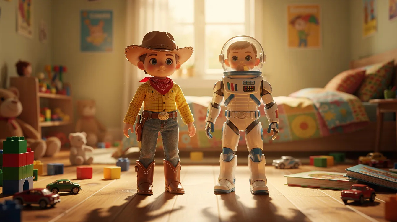 In einem bunten Kinderzimmer stehen eine Cowboy-Puppe namens Woody und eine Astronauten-Figur namens Buzz zusammen, während das warme Sonnenlicht durch das Fenster strömt. Um sie herum sind viele Spielzeuge verstreut, die eine fröhliche und einladende Atmosphäre schaffen.