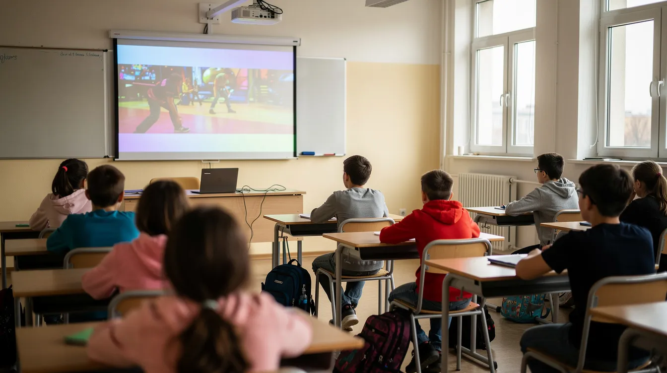 Im Klassenzimmer sitzen Schüler aufmerksam auf ihren Stühlen und blicken auf eine Leinwand, auf der ein bunter Film, möglicherweise ein Klassiker wie "Singin' in the Rain", projiziert wird. Die Atmosphäre ist voller Begeisterung und Neugier, während sie sich mit der Filmanalyse und den Charakteren wie Gene Kelly und Debbie Reynolds auseinandersetzen.