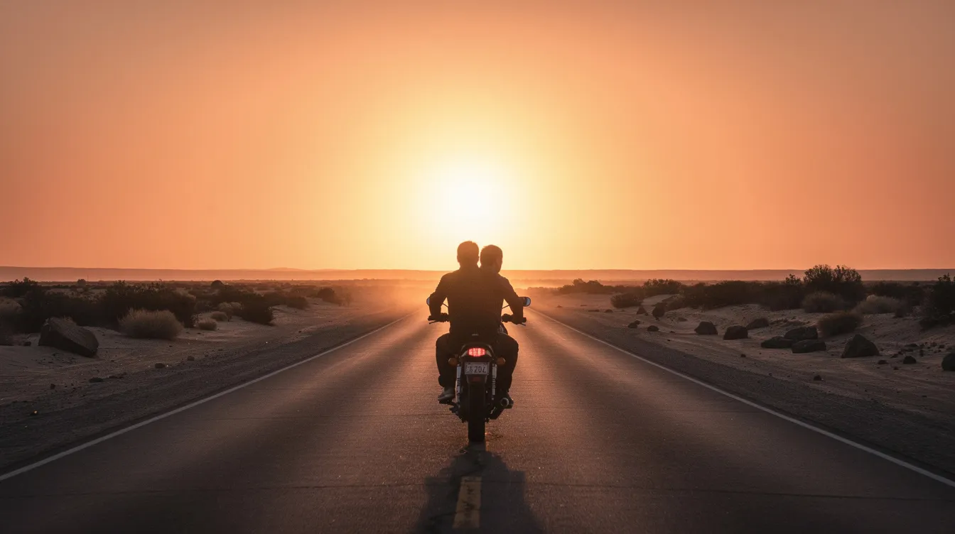 Zwei Silhouetten auf einem Motorrad fahren auf einer einsamen Straße einem beeindruckenden Sonnenuntergang entgegen, während der orangefarbene Himmel die Wüstenlandschaft links und rechts umrahmt. Diese Szene erinnert an die epischen Momente aus "Terminator 2: Tag der Abrechnung", wo Freiheit und Abenteuer im Mittelpunkt stehen.