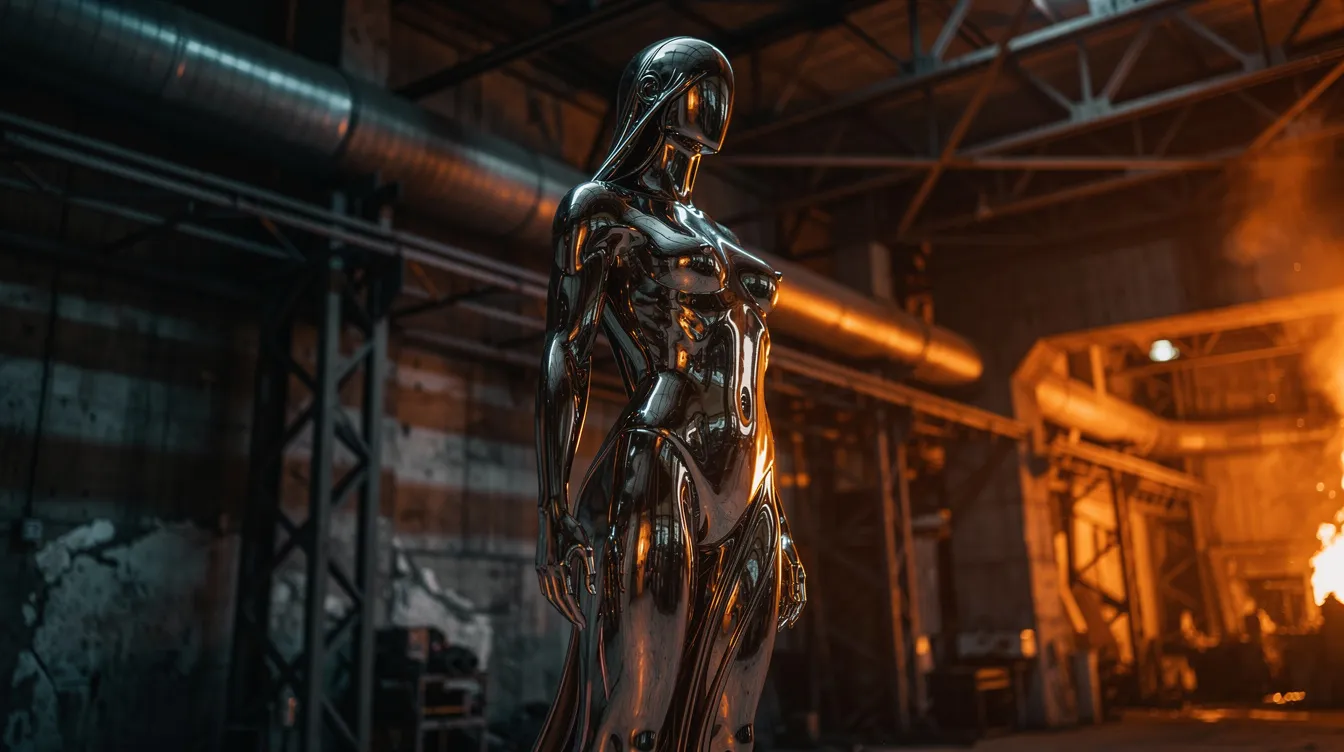 Die abstrakte Skulptur aus spiegelndem flüssigem Metall formt eine menschliche Silhouette und steht vor einem dunklen industriellen Hintergrund, der von einem orangefarbenen Lichtschein beleuchtet wird. Diese Darstellung erinnert an die futuristischen Elemente aus James Camerons "Terminator 2: Tag der Abrechnung".