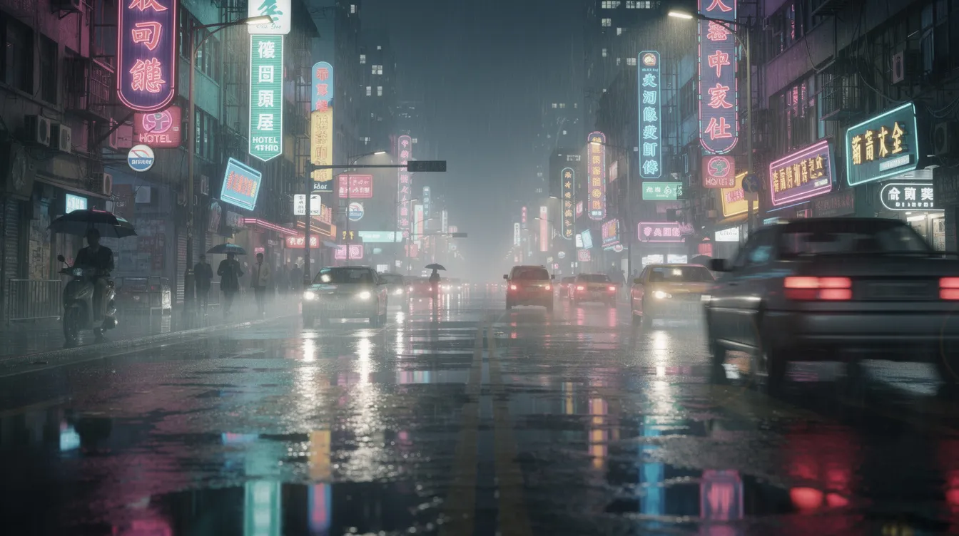 Die neonbeleuchtete Straße in einer asiatischen Großstadt ist bei Nacht von Leuchtreklamen und verschwommenen Lichtern geprägt, während der Regen auf den Asphalt fällt und eine geheimnisvolle Atmosphäre schafft. Die Szene könnte als Teil einer Filmanalyse betrachtet werden, da sie die visuelle Sprache und die Stimmung eines urbanen Alltags einfängt.
