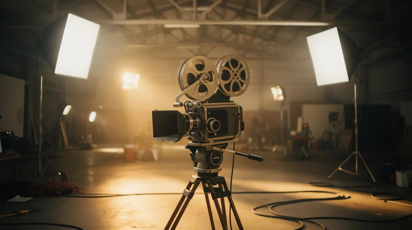 Ein Bild zeigt eine Vintage-Filmkamera auf einem Set in einer großen Studiohalle, umgeben von Scheinwerfern, die warmes Licht abstrahlen. Diese Szenerie erinnert an die goldene Ära des Films und könnte leicht mit Klassikern wie "Once Upon a Time in America" assoziiert werden, in denen die Themen von Gangsterleben und Schicksal behandelt werden.