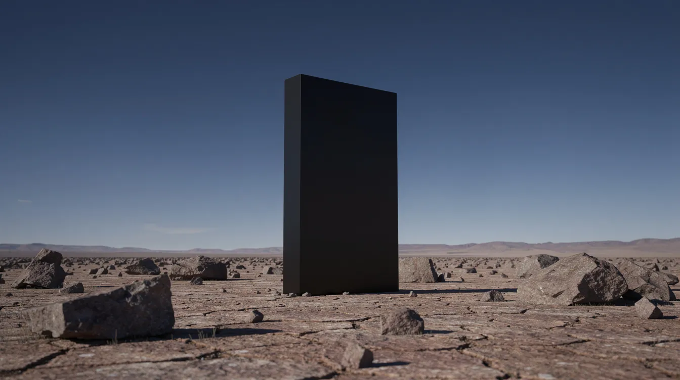 Ein perfekt glatter, mattschwarzer rechteckiger Monolith steht aufrecht in einer kargen, felsigen Wüstenlandschaft unter einem tiefblauen Himmel, ohne andere Objekte in der Nähe. Dieses Bild erinnert an die ikonischen Elemente aus Stanley Kubricks "2001: Odyssee im Weltraum" und symbolisiert das Geheimnis der Menschheit und ihre Verbindung zum Weltraum.