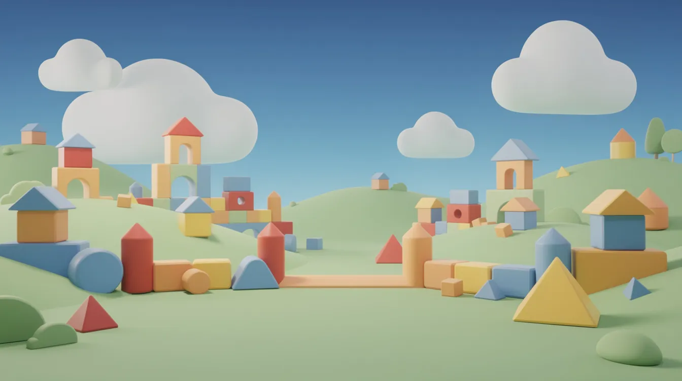 Die leuchtend bunte Landschaft zeigt geometrische Blöcke und sanfte grüne Hügel unter einem strahlend blauen Himmel, die an die verspielte Ästhetik von Videospielen erinnern. Diese Szene könnte gut in einer Realverfilmung oder Adaption eines beliebten Spiels wie "Minecraft" oder "Super Mario" vorkommen.