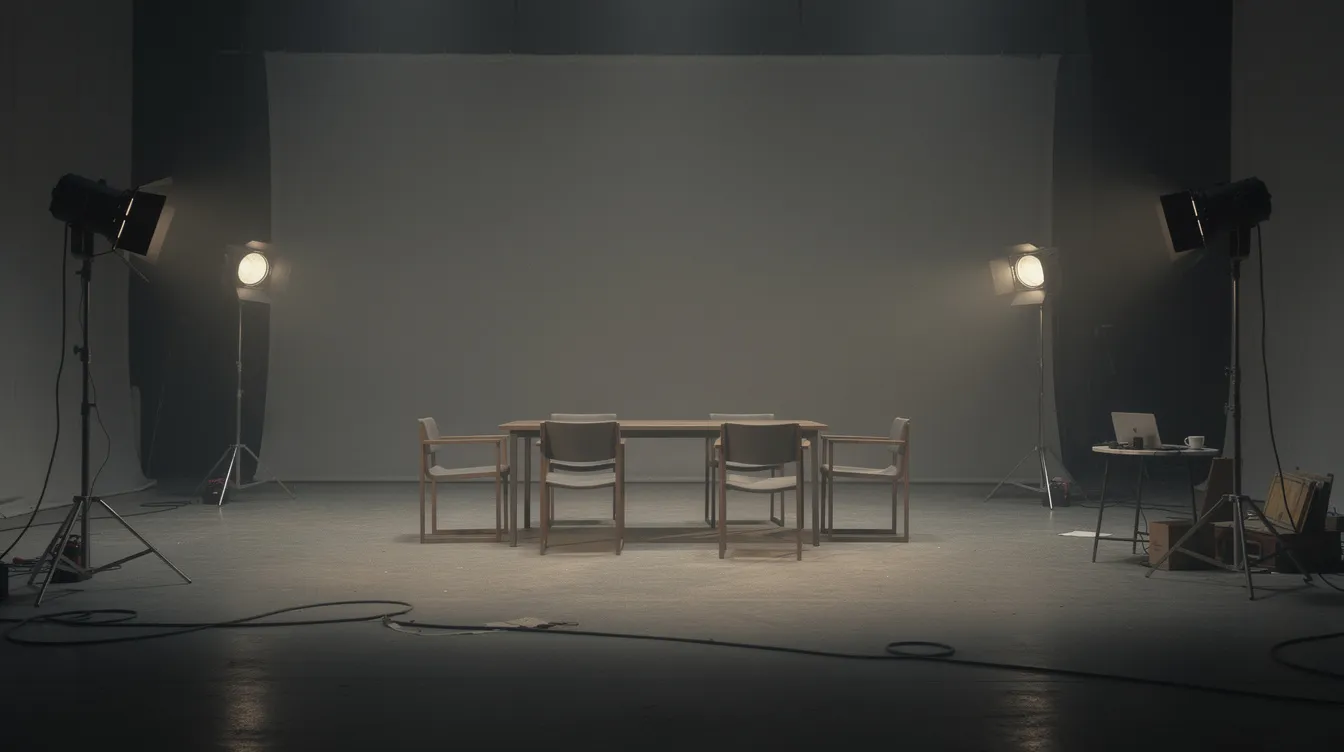 Das Bild zeigt ein leeres Filmstudio-Set mit wenigen Möbeln, Stühlen und Scheinwerfern in gedämpftem Licht, das die begrenzte Kulisse einer Bottle Episode symbolisiert. Diese minimalistische Umgebung verdeutlicht das Konzept einer Episode, die oft in einer einzigen Location stattfindet und sich auf die Charaktere und deren Interaktionen konzentriert.