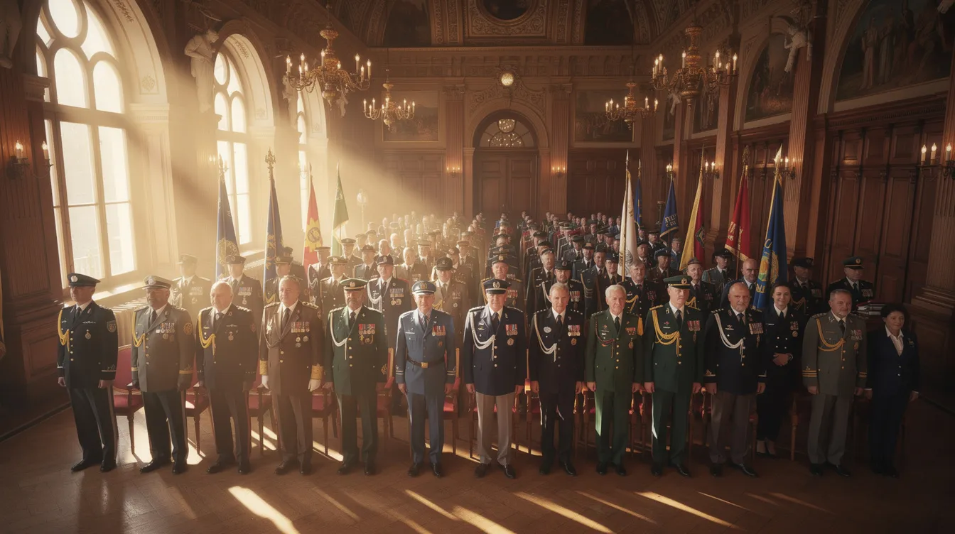 In einem großen Saal findet eine festliche Zeremonie statt, bei der Menschen in verschiedenen Uniformen in Reihen stehen. Warmes goldenes Licht strömt durch hohe Fenster und schafft eine feierliche Atmosphäre, die an die großen Momente aus "Star Wars Episode IV: Eine neue Hoffnung" erinnert.