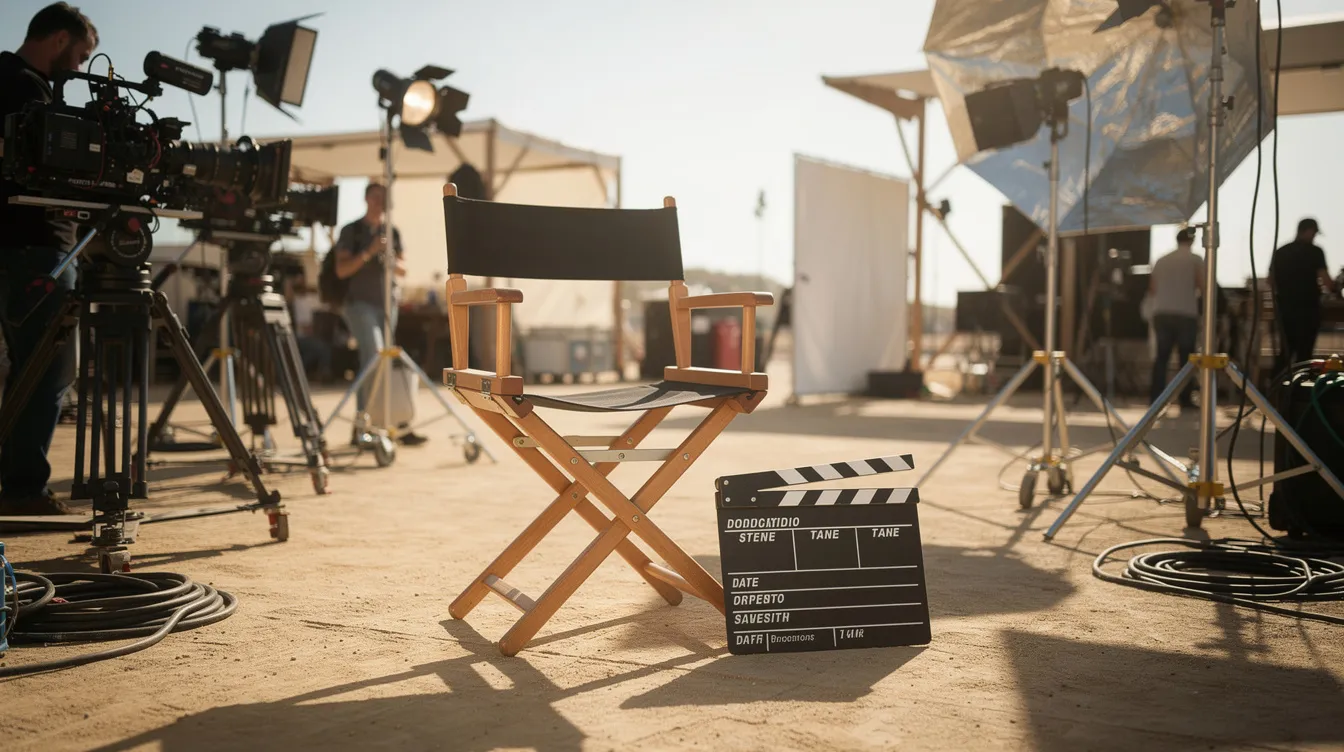 Auf einem sonnigen Filmset im Freien steht ein Regiestuhl neben einer Filmklappe, umgeben von Kameraequipment und Scheinwerfern. Diese Szenerie erinnert an die entspannte Atmosphäre von "The Big Lebowski", wo der Lebensstil des Dudes und seiner Freunde im Mittelpunkt steht.