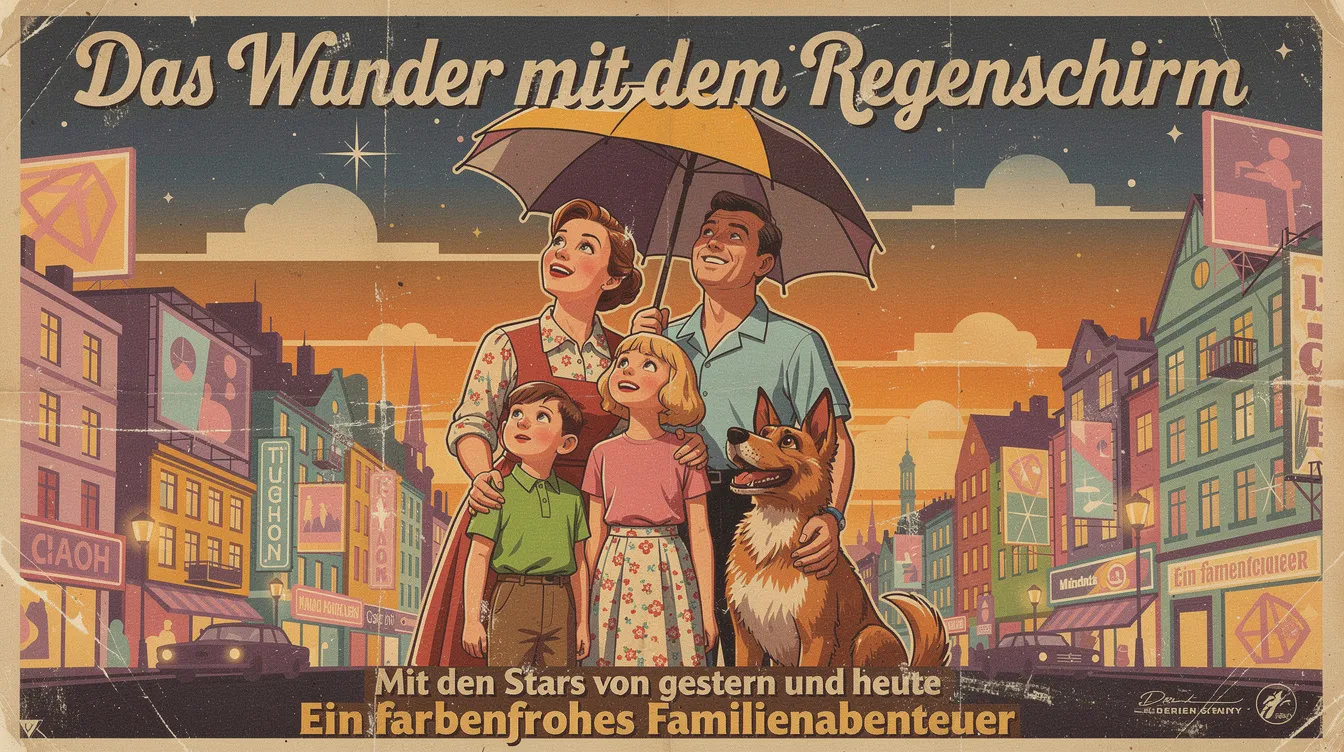 Das bunte Kinoplakat im Retrostil zeigt eine glückliche Familie mit zwei Kindern und einem Hund, die vor einer lebhaften Stadtkulisse stehen. Über ihnen schwebt ein fliegender Regenschirm, was das Abenteuer und die Freude des Familienlebens symbolisiert, ideal für einen unterhaltsamen Filmabend.