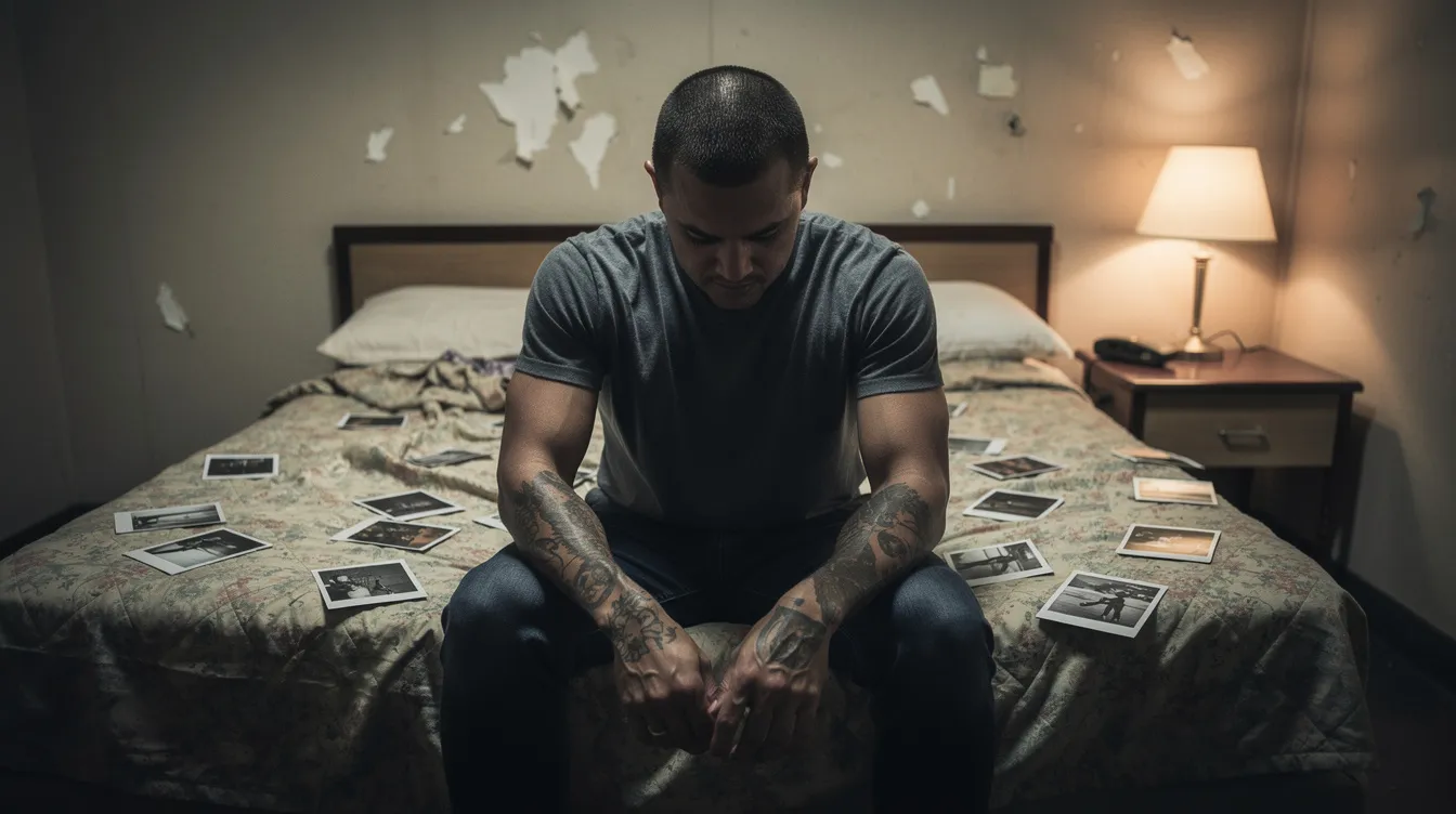 Ein Mann mit kurz geschorenem Haar betrachtet nachdenklich seine tätowierten Unterarme, während er in einem kargen Motelzimmer sitzt, umgeben von verstreuten Polaroid-Fotos auf dem Bett. Die Szene erinnert an die komplexe Erzählstruktur eines Thrillers, in dem Erinnerungen und die Suche nach der Wahrheit zentrale Themen sind.