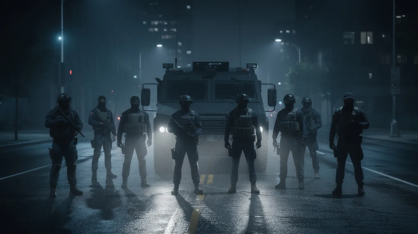 Auf der nächtlichen Straße stehen vermummte Gestalten in dunkler Kleidung vor einem gepanzerten Fahrzeug, das an einen Raubüberfall erinnert. Die Szene vermittelt die spannende Atmosphäre eines Action-Thrillers, ähnlich wie in einem Film von Michael Mann, in dem Gangster und Polizisten aufeinandertreffen.