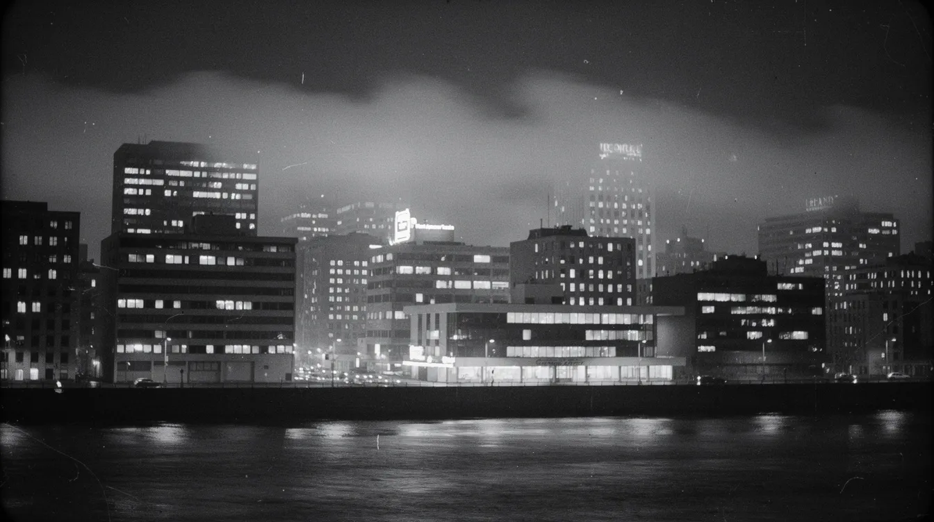 Die Schwarzweiß-Aufnahme zeigt eine nächtliche Großstadt-Skyline, in der die beleuchteten Bürogebäude im Stil der 1960er Jahre dominieren. Diese nostalgische Szenerie erinnert an die Atmosphäre eines klassischen Films, in dem das Appartement eines Junggesellen im Herzen von New York eine zentrale Rolle spielt.
