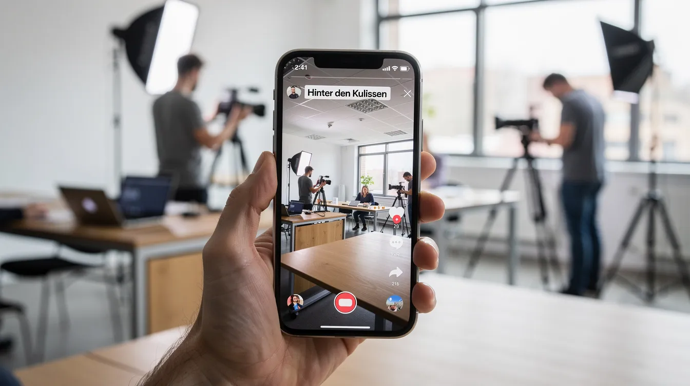 Das Smartphone zeigt ein vertikales Video, das einen professionellen Behind-the-Scenes-Clip in einem modernen Büro präsentiert. Die Szenen geben einen Überblick über die Produktion von Fernsehserien und deren Handlung, während das Licht und die Aufnahmen die kreative Atmosphäre des Set-Designs unterstreichen.