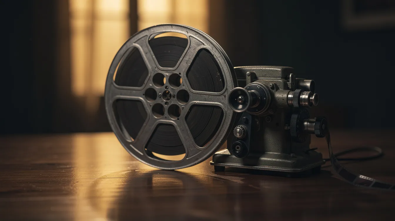 Die Nahaufnahme zeigt eine Filmrolle und einen Projektor auf einem Tisch in einem abgedunkelten Raum, während warmes Licht im Hintergrund sanft strahlt. Diese Szene könnte an die Atmosphäre des Films "Ziemlich beste Freunde" erinnern, der die Themen Freundschaft und das Leben in Frankreich behandelt.
