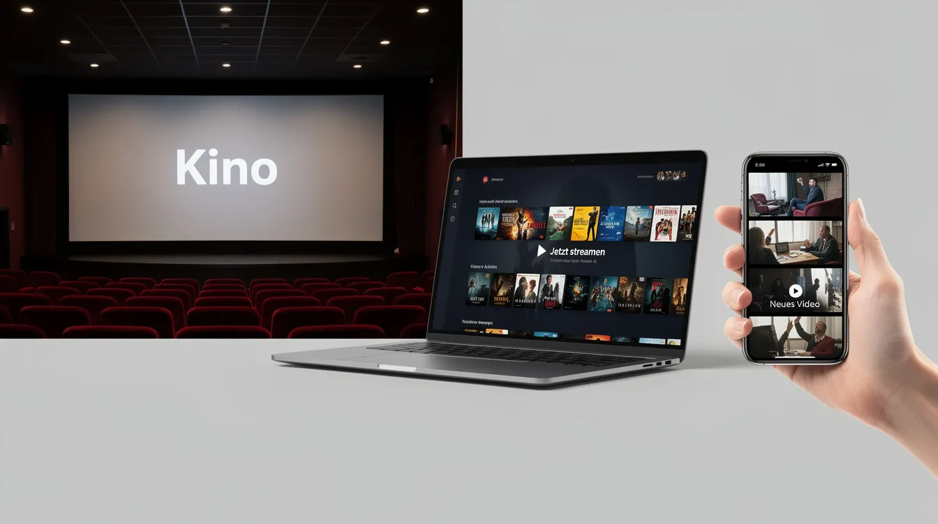 Die Collage zeigt eine Vielfalt an Medienformaten: Im Hintergrund ist ein klassischer Kinosaal zu sehen, während im Vordergrund ein Laptop mit einer Streaming-Oberfläche und ein Smartphone im vertikalen Videoformat abgebildet sind. Diese Darstellung reflektiert die unterschiedlichen Aspekte der Film- und Medienkultur und deren Einfluss auf die heutige Rezeption von Bewegtbildern.