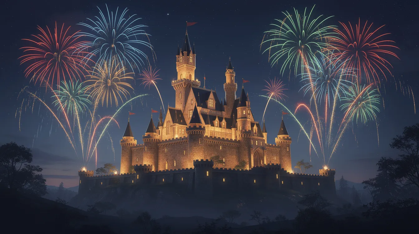 Ein imposantes Märchenschloss leuchtet in der Nacht, umgeben von buntem Feuerwerk, während die beleuchteten Türme vor einem dunkelblauen Himmel strahlen. Diese magische Szene erinnert an die zauberhaften Geschichten von Walt Disney und entführt die Betrachter in eine Welt voller Abenteuer und Fantasie.