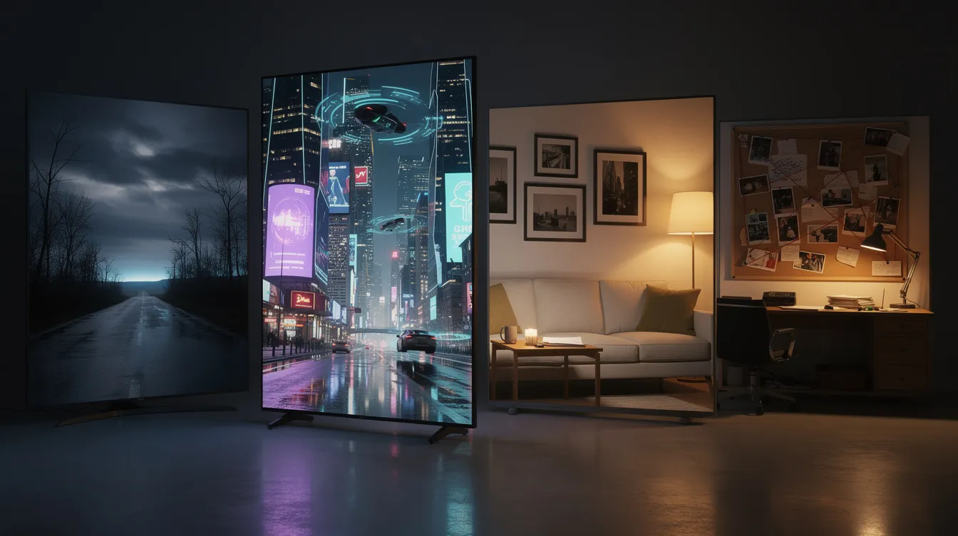 Auf dem Bild sind mehrere nebeneinander stehende Fernsehbildschirme zu sehen, die verschiedene Szenen zeigen: eine düstere Nachtlandschaft, eine futuristische Stadt, ein intimes Wohnzimmer und ein Ermittlungsbüro mit einer Pinnwand, was an die Erzählstrukturen von Anthologieserien wie "True Detective" und "Black Mirror" erinnert. Die Vielfalt der Szenen spiegelt unterschiedliche Genres und narrative Formate wider, die in Serien und Episodenanthologien erkundet werden.