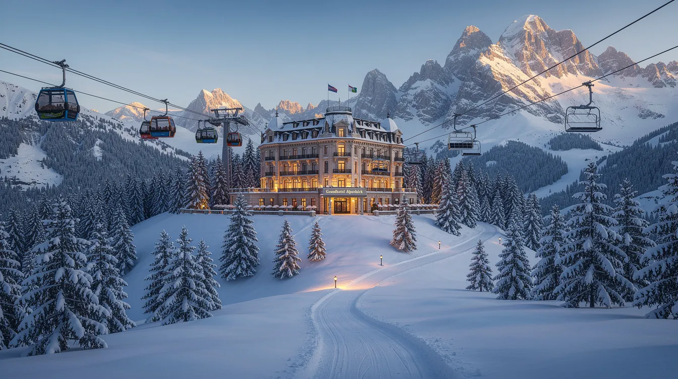 Die Bildbeschreibung zeigt eine verschneite Berglandschaft mit einem prunkvollen Hotel, das auf einer Anhöhe thront, umgeben von majestätischen Tannen und Seilbahnen. Diese Szenerie erinnert an das "Grand Budapest Hotel" und strahlt den einzigartigen Stil von Wes Anderson aus.