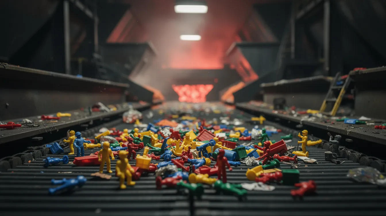 Auf einem dunklen Förderband einer industriellen Müllverarbeitungsanlage liegen bunte Spielzeugfiguren, darunter ein Cowboy und ein Astronaut, während im Hintergrund rotes Glühen sichtbar ist. Diese Szene erinnert an die Abenteuer aus "Toy Story 3", wo die Spielzeuge in einer kritischen Situation sind.