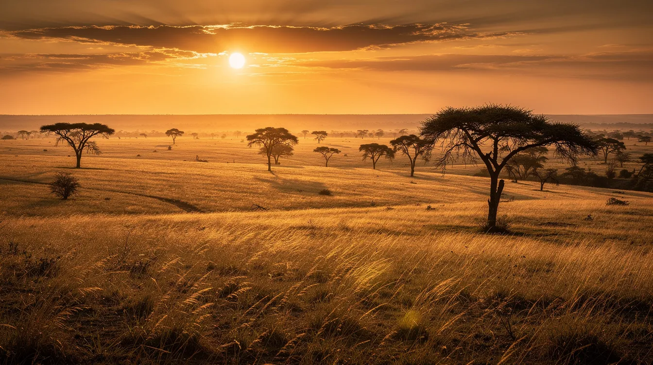 Die weite afrikanische Savannenlandschaft bei Sonnenuntergang zeigt Silhouetten von Akazienbäumen, die in dramatischem Goldlicht erstrahlen. Diese Szene erinnert an die majestätische Kulisse aus "Der König der Löwen", wo das Leben der Tiere in der Savanne im Mittelpunkt steht.