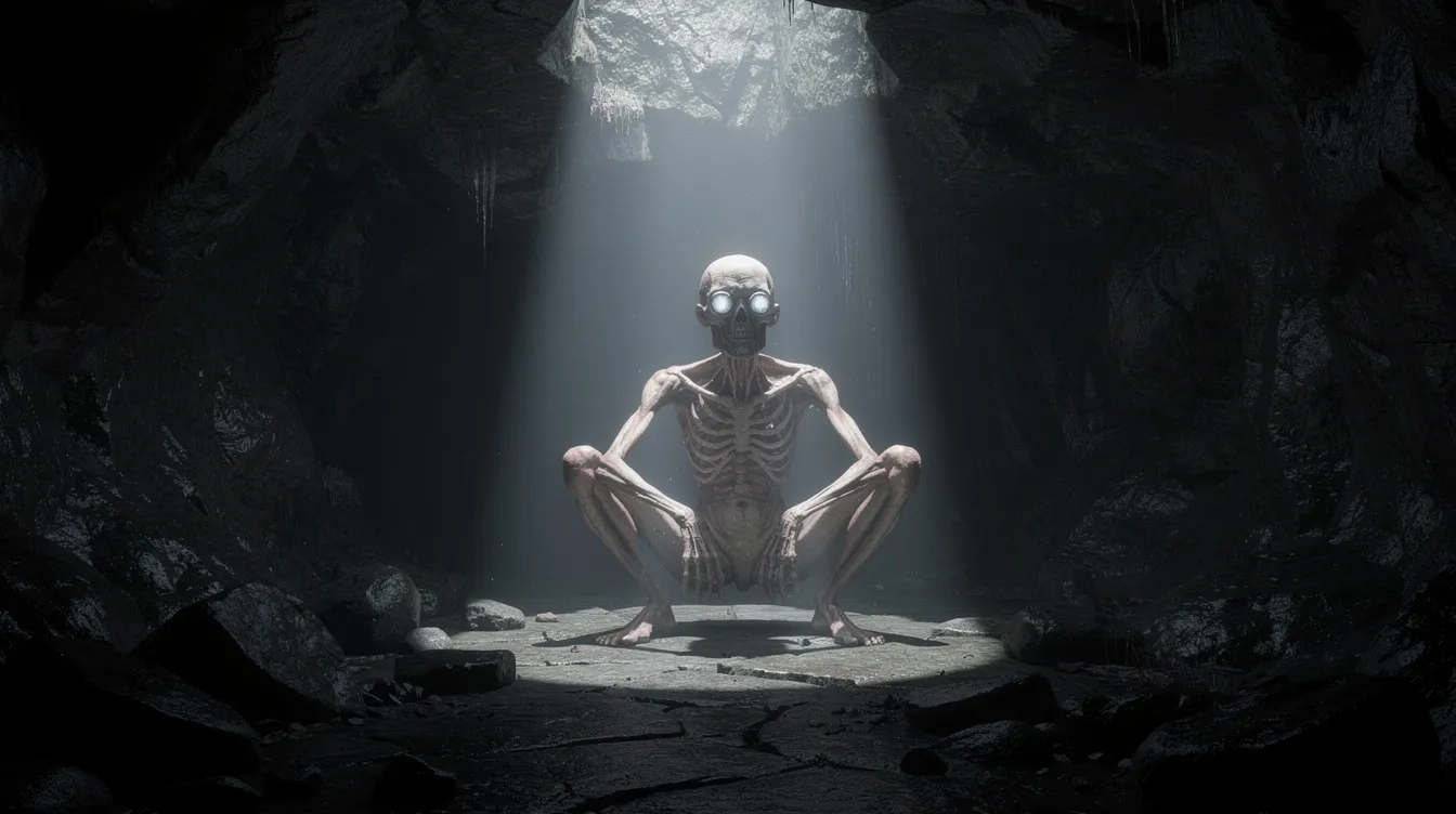 In einer dunklen Höhle, beleuchtet von einem blassen Licht, kauert eine abgemagerte Gestalt mit großen Augen, die an Gollum aus "Der Herr der Ringe: Die zwei Türme" erinnert. Die düstere Atmosphäre und die geheimnisvolle Erscheinung erzeugen ein Gefühl von Spannung und Gefahr.