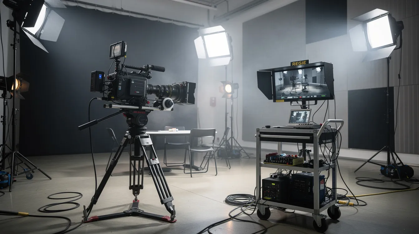 Das Bild zeigt ein professionelles Filmset mit umfangreichem Kameraequipment, einem Regiemonitor und Scheinwerfern in einer Studioumgebung, die für die Produktion von Serien und Episoden genutzt wird. Die technische Ausstattung deutet auf eine hochwertige Produktion im Bereich Drama oder Krimi hin.