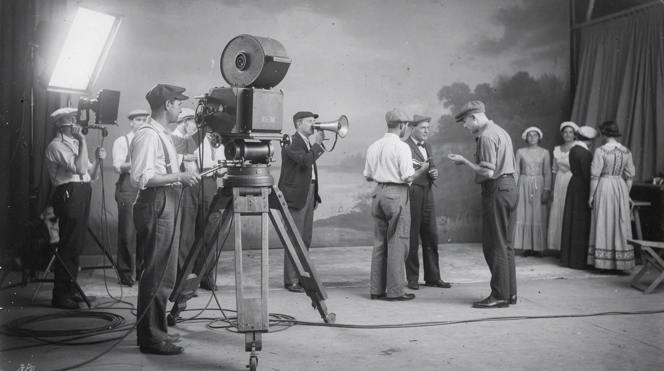 Die historische Schwarz-Weiss-Aufnahme zeigt ein frühes Filmset aus der Stummfilm-Ära mit einer großen Kamera auf einem Stativ, umgeben von Crewmitgliedern in Arbeitskleidung. Diese Szene vermittelt einen faszinierenden Blick auf die Anfänge der Filmproduktion und die Arbeitsweise der Filmfans jener Zeit.