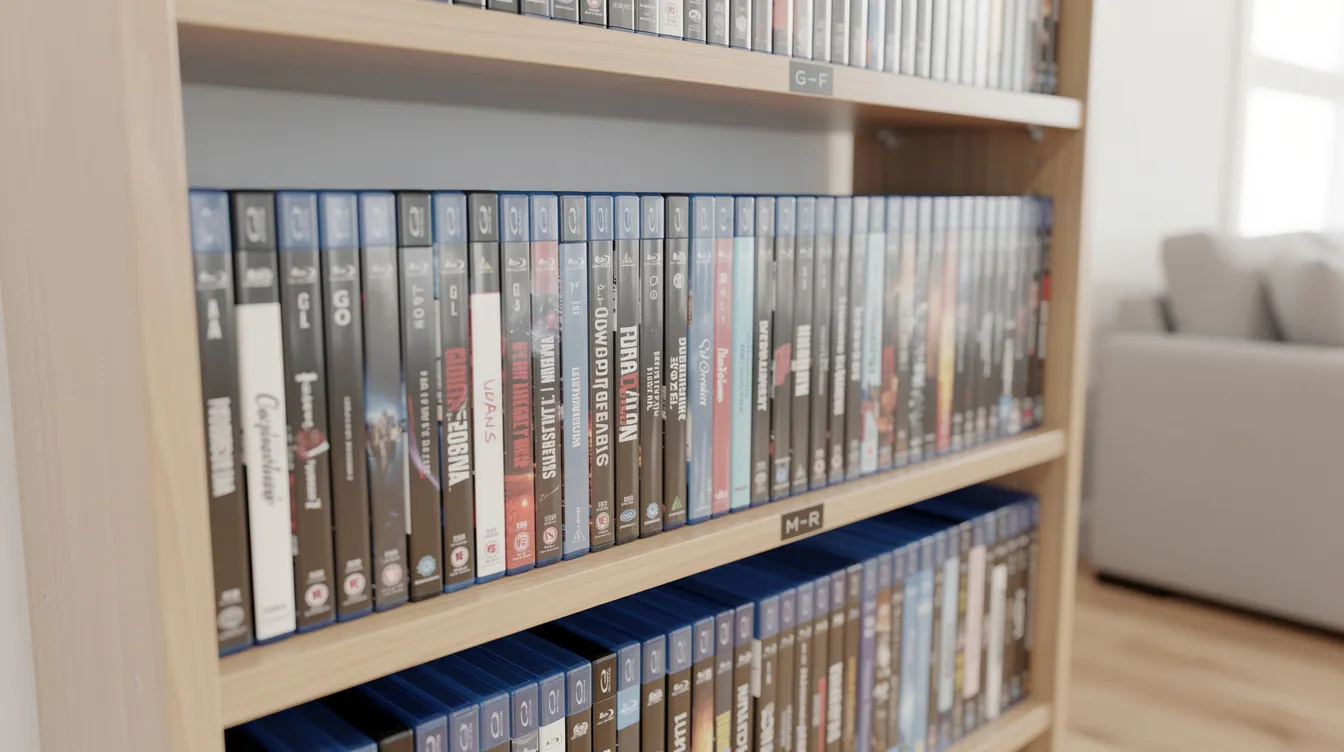 Das Bild zeigt ein ordentlich sortiertes Blu-ray Regal, in dem die Hüllen alphabetisch angeordnet sind. Der Raum ist hell beleuchtet und die Sammlung umfasst verschiedene Filme und Serien, darunter auch limitierte Editionen wie Steelbooks und Mediabooks.
