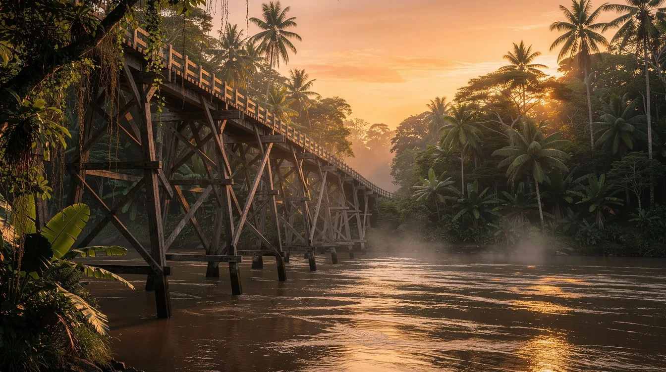 Die Szene zeigt eine imposante Holzkonstruktion, die sich majestätisch über einen breiten Fluss spannt, umgeben von üppigem tropischem Dschungel. Bei Sonnenuntergang strahlen warme Goldtöne über die Brücke am Kwai und verleihen der Landschaft eine friedliche, aber zugleich dramatische Atmosphäre.