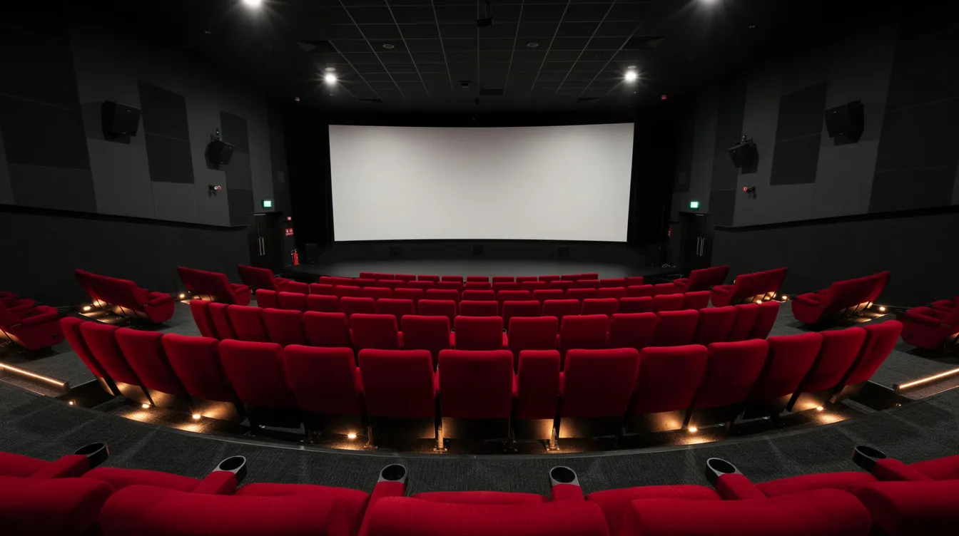 Die Weitwinkelaufnahme zeigt einen modernen Kinosaal mit roten Sitzen und einer großen Leinwand, umgeben von einem abgedunkelten Raum, der eine einladende Atmosphäre für das Anschauen von Filmen der 2010er schafft. Der Raum vermittelt das Gefühl, in eine spannende Filmwelt einzutauchen, in der Blockbuster wie "Django Unchained" und Werke von Regisseuren wie Damien Chazelle präsentiert werden.
