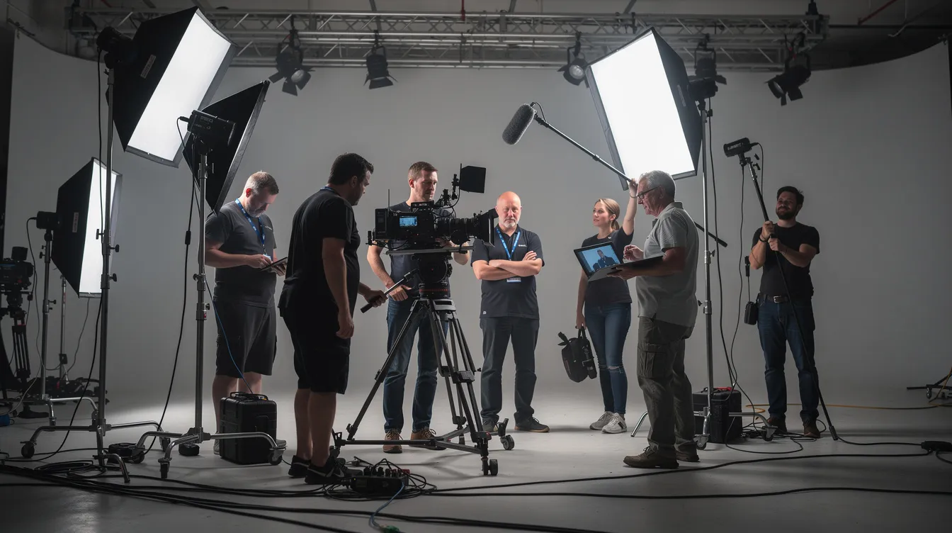 Das Bild zeigt ein Filmteam, das am Set arbeitet, umgeben von Kamera- und Lichtequipment in einer Studio-Umgebung. Mehrere Personen, darunter Kameraleute und der Regisseur, sind aktiv in die Vorbereitung und Anordnung der Aufnahmen involviert, während sie die 180-Grad-Regel und die Bewegungsrichtungen im Blick haben.