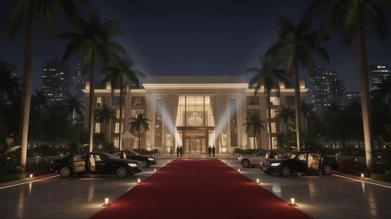 Ein elegantes Hotel in Beverly Hills erstrahlt bei Nacht, umgeben von Palmen und beleuchtet von Scheinwerfern. Die lange rote Teppichauffahrt führt zu wartenden Limousinen, die auf Gäste der Golden Globe Awards warten.