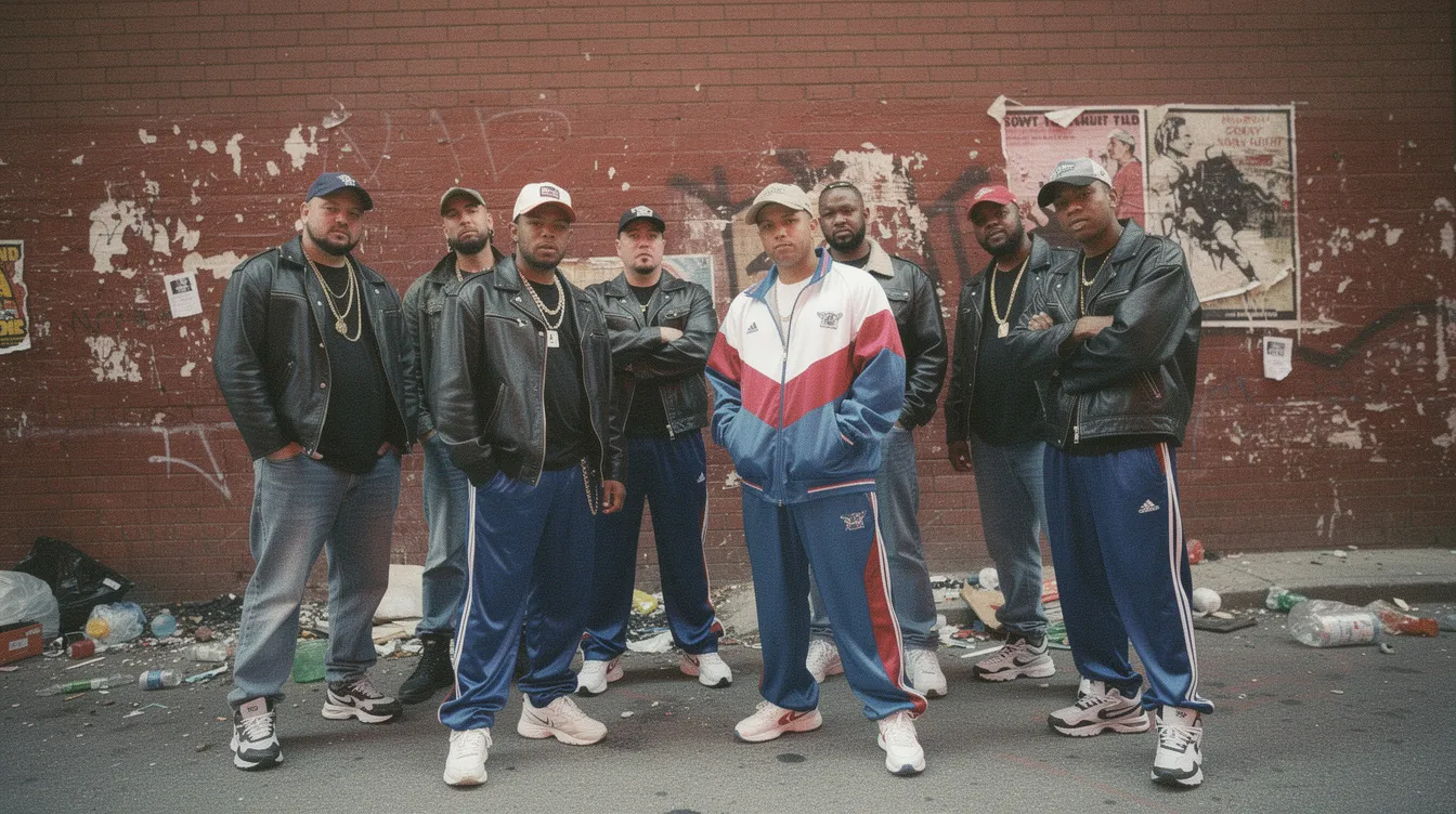 Eine Gruppe junger Männer in typischer 1990er-Jahre-Mode, darunter Lederjacken und Trainingsanzüge, steht vor einer heruntergekommenen Backsteinmauer in einer Großstadt, die an das Londoner Arbeiterviertel East End erinnert. Die Szene vermittelt eine Atmosphäre von Freundschaft und urbanem Leben, während die Männer wie Charaktere aus einem Krimi oder einer Komödie wirken, die an ein Pokerturnier teilnehmen könnten.