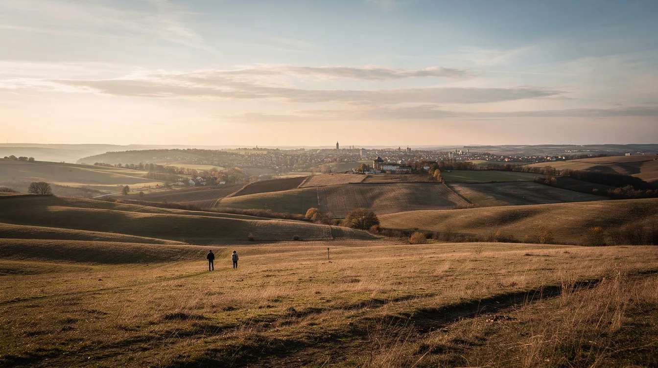 Das Bild zeigt eine Supertotale, die eine weite Landschaft in einem Film einfängt, um dem Zuschauer einen Überblick über die Umgebung zu geben. In dieser Einstellung sind sowohl die Landschaft als auch die Personen im Bild sichtbar, was die Handlung und das Größenverhältnis der Objekte verdeutlicht.