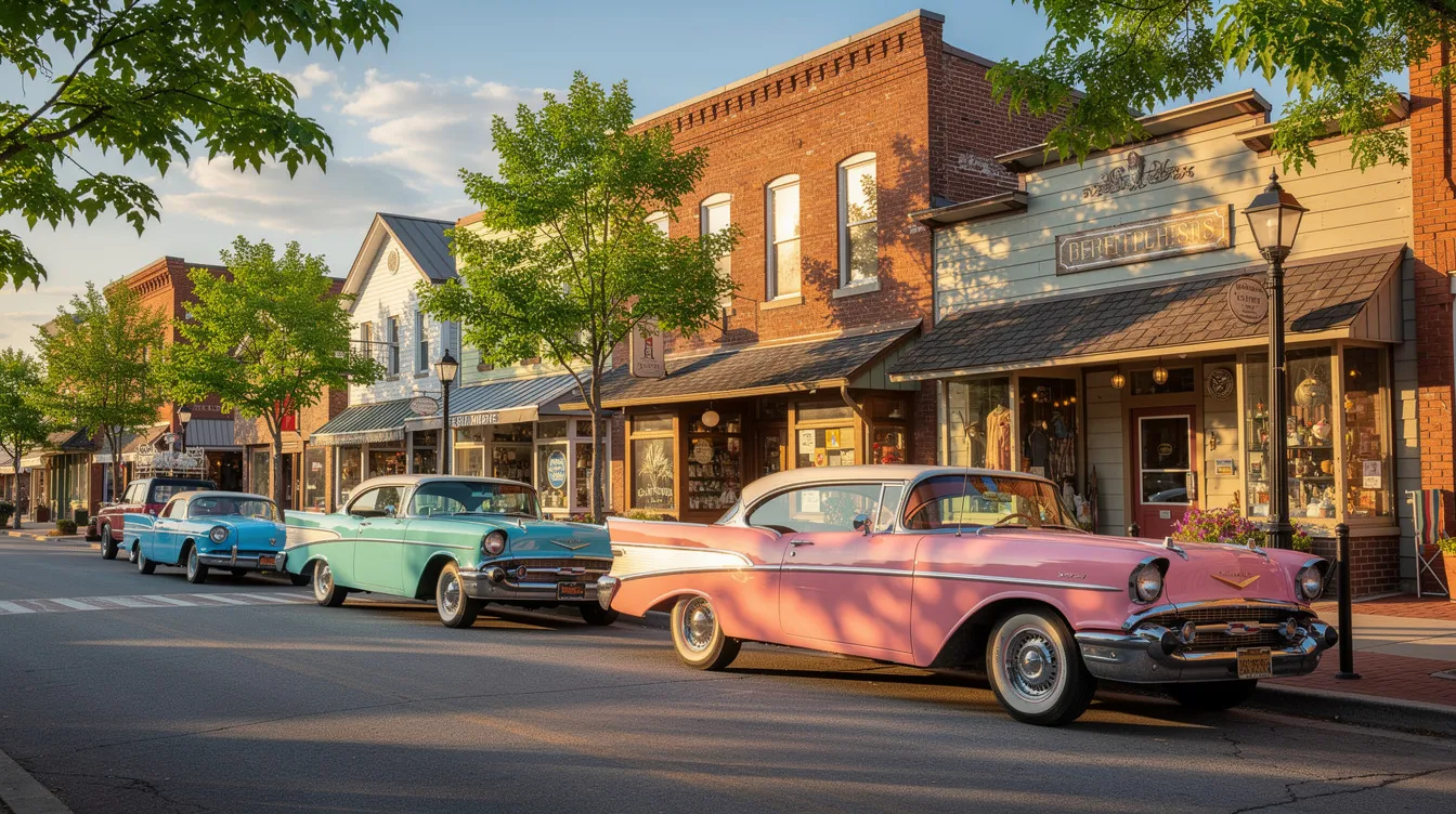 Die kleine amerikanische Hauptstraße ist von historischen Gebäuden gesäumt, während parkende Oldtimer und schattenspendende Bäume im warmen Sommerlicht eine nostalgische Atmosphäre schaffen. Diese Szenerie erinnert an die Coming-of-Age-Geschichte "Stand by Me – Das Geheimnis eines Sommers", in der Freundschaft und Abenteuer im Mittelpunkt stehen.