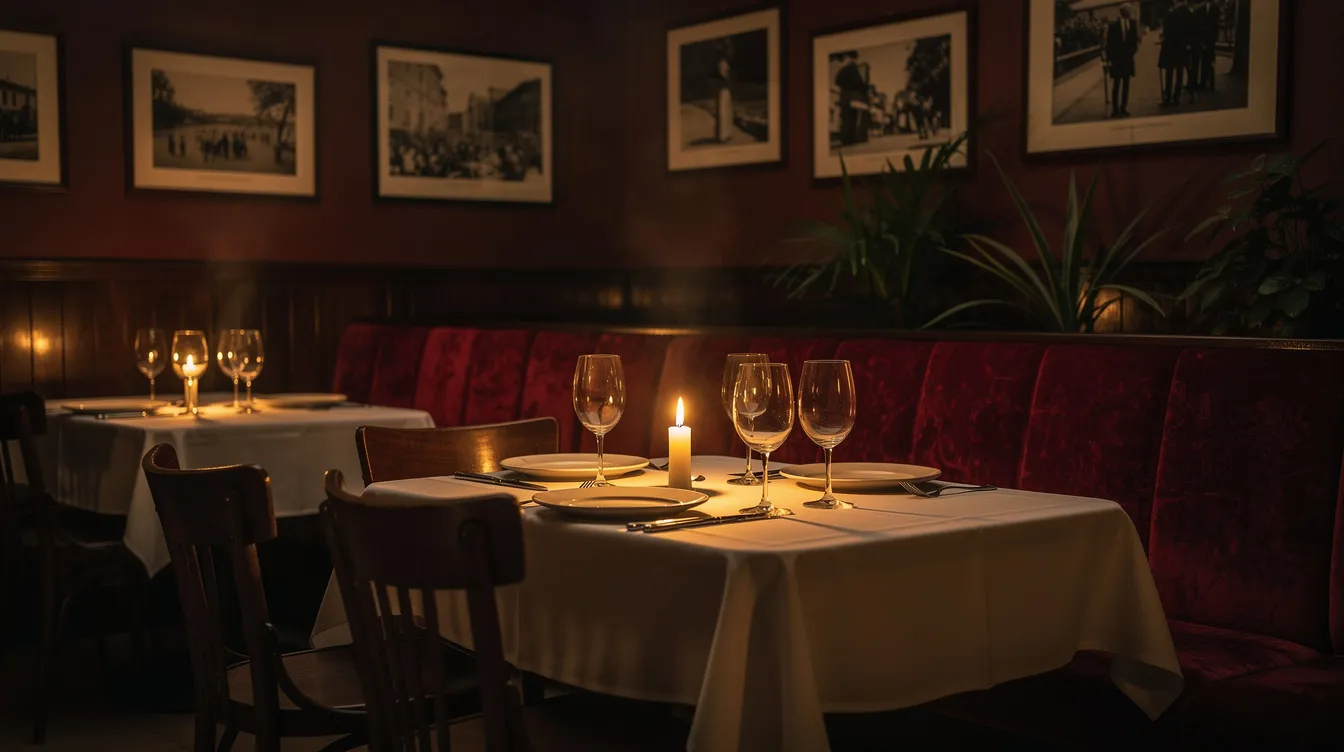 Das Bild zeigt das dunkle Interieur eines italienischen Restaurants, das von warmem Kerzenlicht erleuchtet wird. Die weißen Tischdecken und rotsamtenen Sitzbänke verleihen dem Raum einen nostalgischen Charme im Stil der 1960er Jahre, der an die Atmosphäre von "Goodfellas" erinnert.