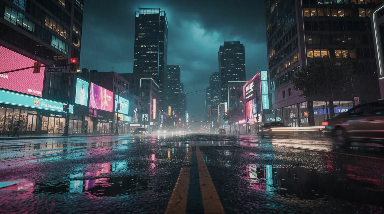 Die regnerische Großstadt bei Nacht zeigt hohe Gebäude, die in den dunklen Himmel ragen, während Neonlichter auf dem nassen Asphalt reflektieren. Diese Szene könnte aus einem Science-Fiction-Film wie "Matrix" stammen, in dem die urbanen Landschaften und die düstere Atmosphäre eine zentrale Rolle spielen.