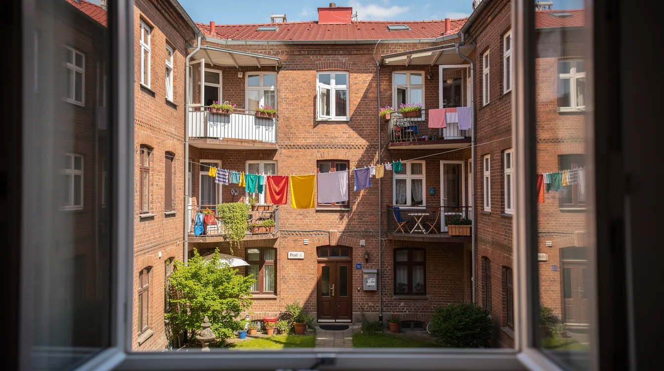 Der Blick aus einem Fenster auf einen sommerlichen Innenhof zeigt Wäscheleinen, Balkone und verschiedene Mietwohnungen in einem mehrstöckigen Backsteingebäude. Diese Szenerie erinnert an die Atmosphäre des Films "Das Fenster zum Hof", in dem das Leben der Nachbarn und die alltäglichen Szenen zu einem spannenden Thriller verwoben werden.