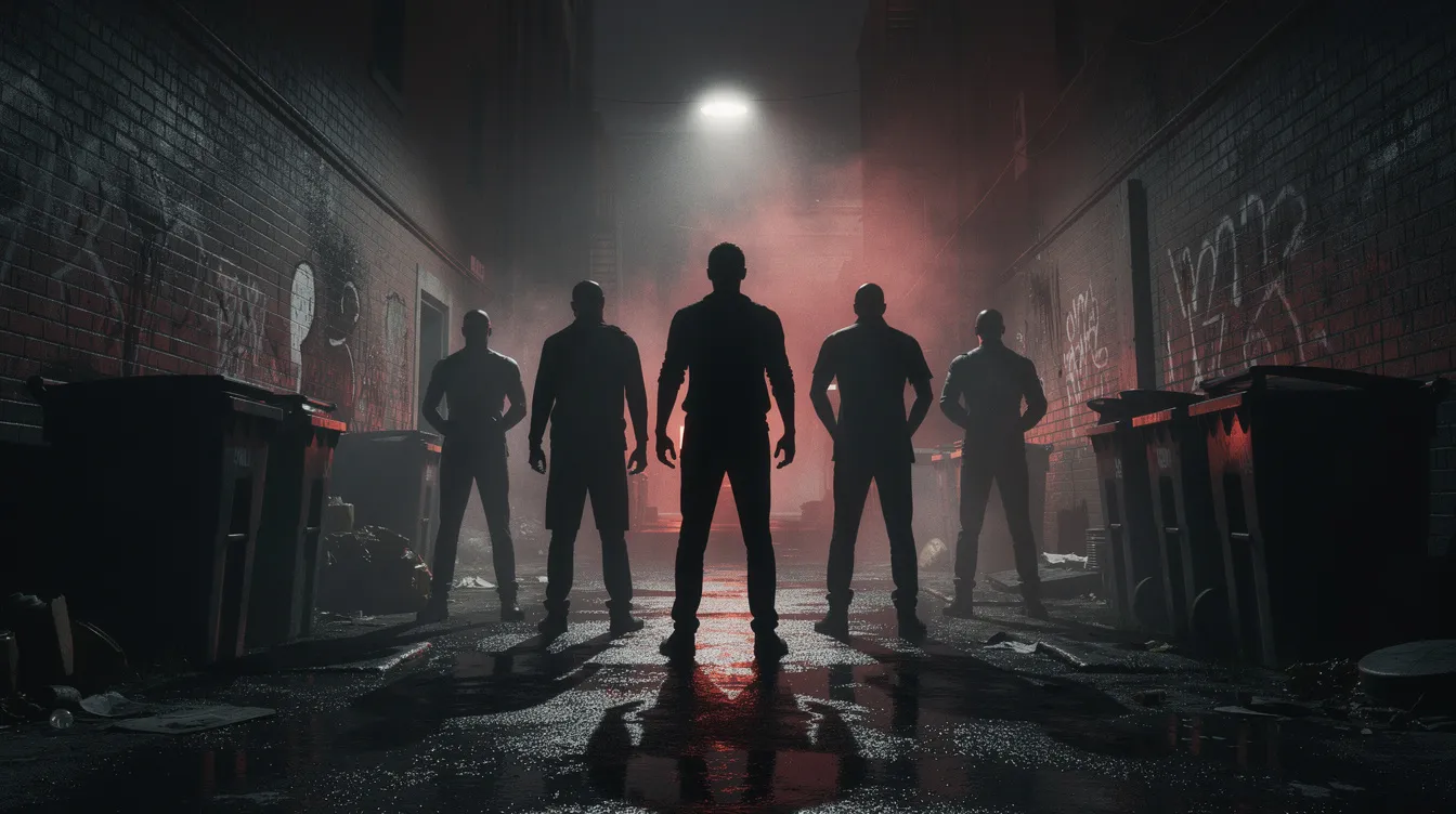 In einer düsteren Gasse stehen bedrohliche Silhouetten von Figuren, die von dramatischen Schatten und rotem Licht umgeben sind. Diese Szene könnte an die aufregenden Abenteuer von Spider-Man erinnern, während er gegen Verbrechen in New York kämpft.