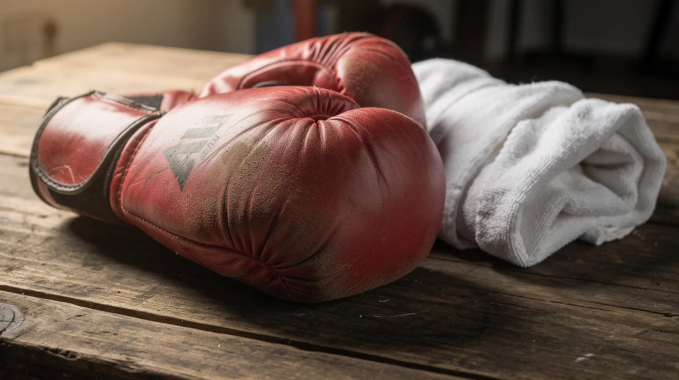 Die Nahaufnahme zeigt abgenutzte rote Boxhandschuhe, die auf einem Holztisch liegen, neben einem weißen Handtuch. Das warme Seitenlicht verleiht der Szene eine nostalgische Atmosphäre, die an die Kämpfe und das Training im Boxring erinnert, wie sie in "Million Dollar Baby" dargestellt werden.