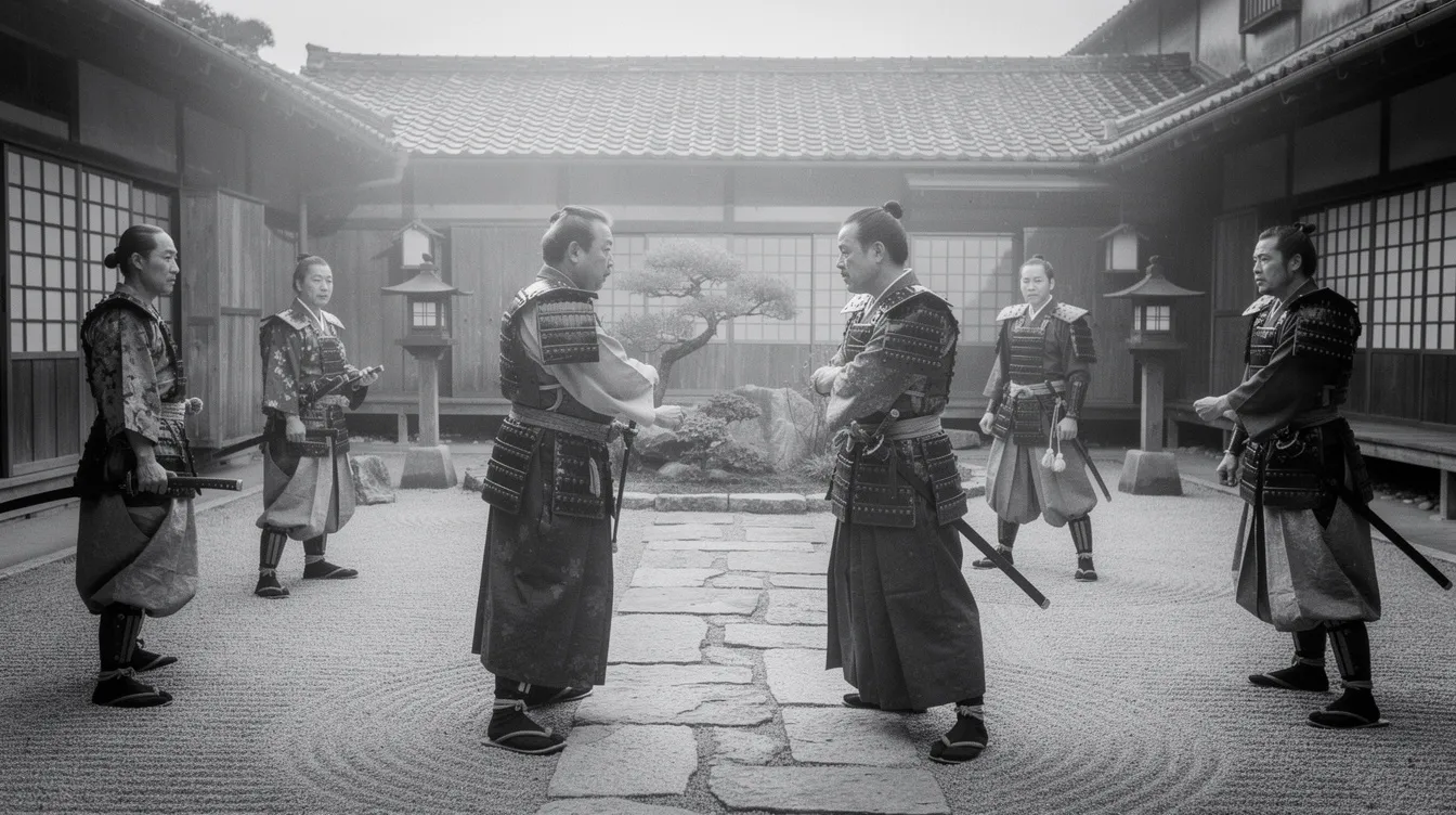 Die Szene zeigt zwei Schauspieler in traditionellen Samurai-Kostümen, die sich in einem japanischen Innenhof gegenüberstehen, umgeben von einem harmonischen, kulturellen Ambiente. Diese Auseinandersetzung könnte auf ein bevorstehendes Ritual wie Seppuku hinweisen, das tief in der japanischen Ehre verwurzelt ist.