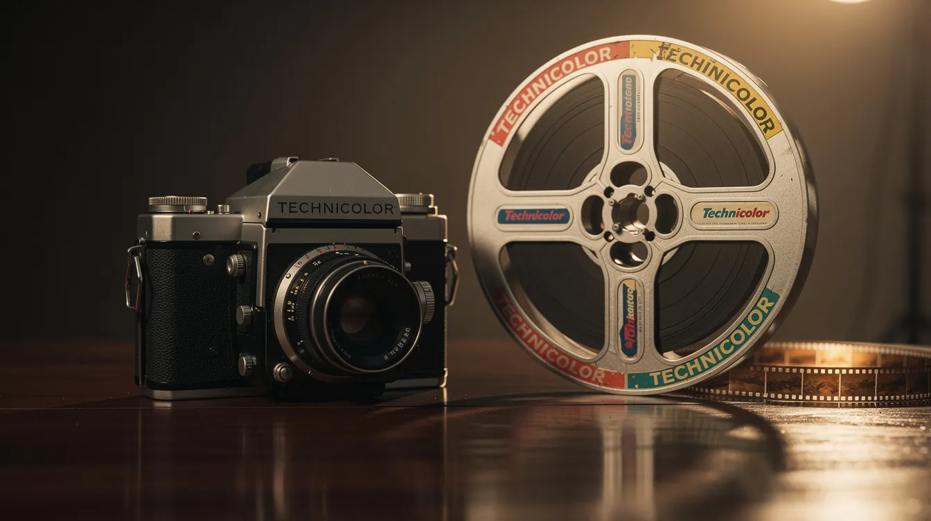Das Bild zeigt eine vintage Filmkamera, die neben einer Technicolor-Filmrolle in warmem Studiolicht platziert ist. Diese Darstellung erinnert an die glamouröse Filmgeschichte, wie sie in "Gone with the Wind" erzählt wird, und vermittelt ein Gefühl von Nostalgie und Kreativität in der Welt des Films.