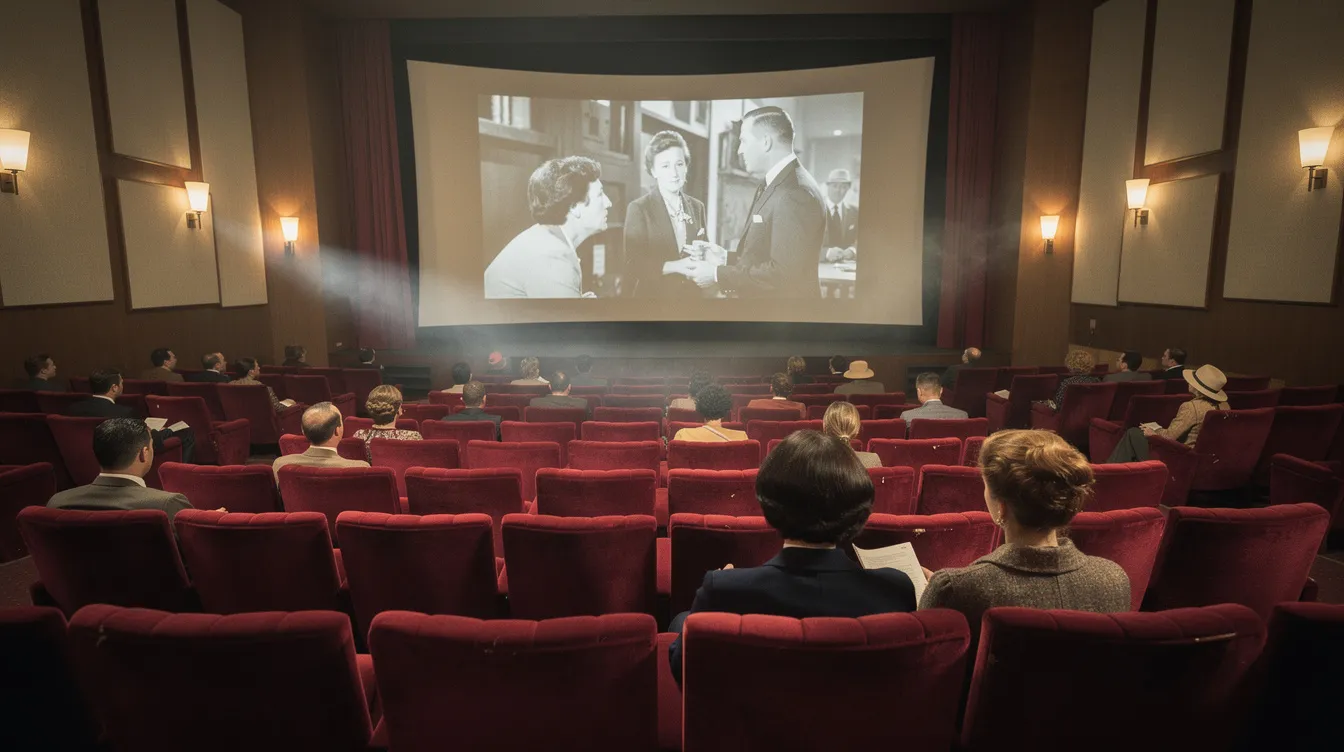 Der breite Kinosaal der 1960er Jahre ist mit samtbezogenen Sitzen ausgestattet und zeigt einen Schwarzweißfilm, während einige Zuschauer in zeitgenössischer Kleidung gebannt auf die große Leinwand blicken. Die Atmosphäre erinnert an die Nouvelle Vague und die Meisterwerke von Regisseuren wie Jean-Luc Godard und François Truffaut, während Szenen aus "À Bout de Souffle" die Filmgeschichte prägen.