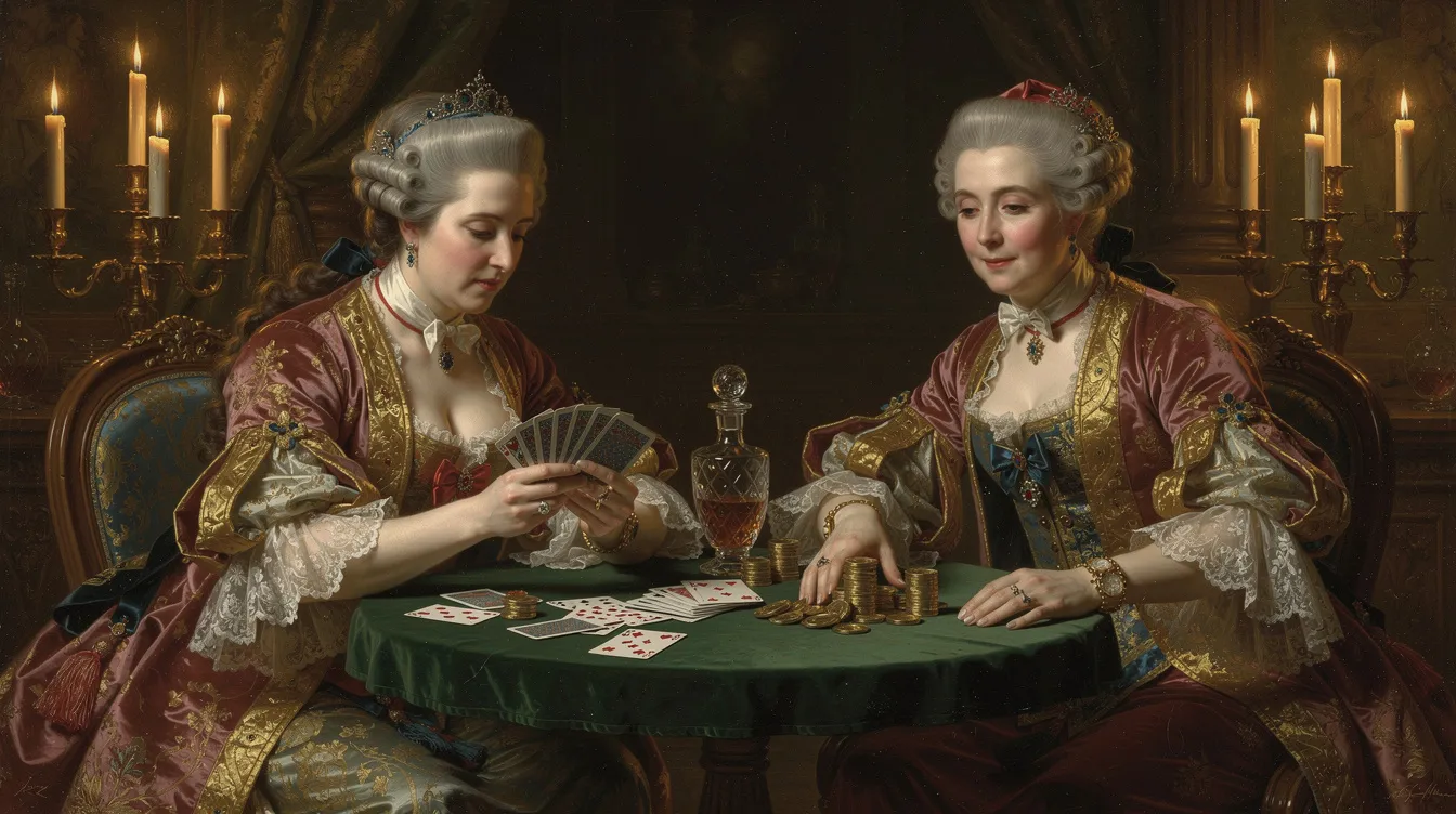 Das Bild zeigt zwei opulent gekleidete Personen des 18. Jahrhunderts, die an einem Kartentisch sitzen, umgeben von warmem, goldenem Licht, das von mehreren Kerzenleuchtern ausgeht. Der dunkle Hintergrund verstärkt die Atmosphäre des Adels und erinnert an die opulente Welt von Stanley Kubricks Meisterwerk "Barry Lyndon".
