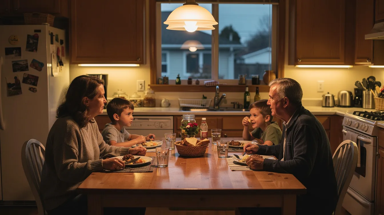In einer familiären Szene in einem Vorstadthaus sitzen die Charaktere um einen Küchentisch, während sie ein Abendessen genießen. Die warme Beleuchtung schafft eine alltägliche Atmosphäre, die an das Leben der "unglaublichen" Superheldenfamilie erinnert, während sie ihre täglichen Abenteuer und Herausforderungen meistern.