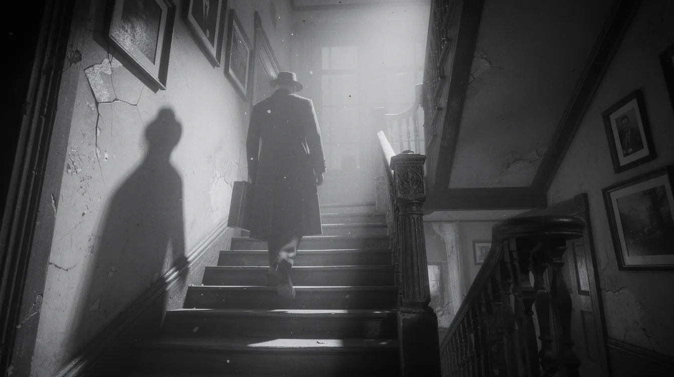 Die schwarzweiße Filmszene zeigt dramatische Schatten eines Mannes, der langsam eine Treppe in einem alten Londoner Haus hinaufsteigt, was eine Atmosphäre von Spannung und Angst erzeugt, die an die Werke von Alfred Hitchcock erinnert. Die Komposition der Schatten und das Spiel mit Licht und Dunkelheit sind charakteristisch für den Meisterregisseur und seine Fähigkeit, das Publikum in seinen Bann zu ziehen.