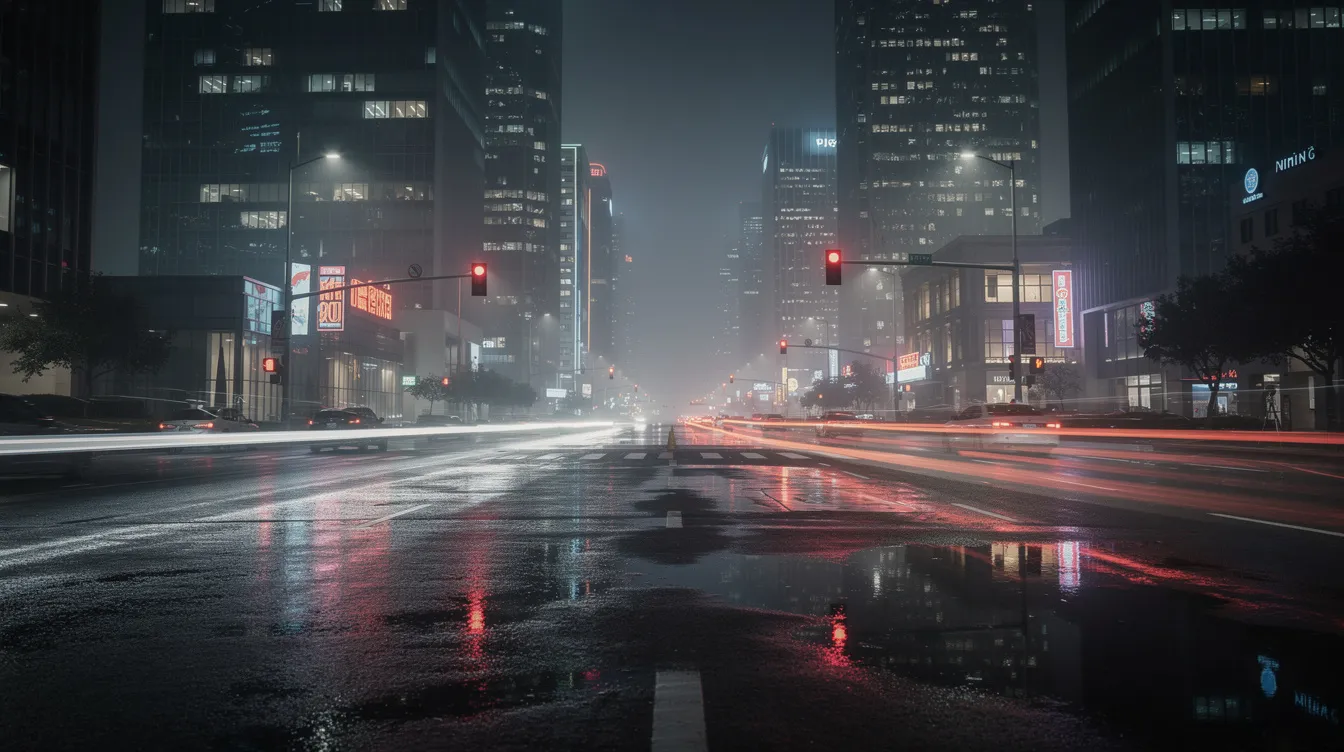 Die nächtliche Skyline einer Großstadt zeigt reflektierende nasse Straßen, auf denen sich die Lichter der Gebäude spiegeln. Diese Szenerie könnte direkt aus einem Action-Thriller wie "Heat" stammen, in dem Gangster und Polizei aufeinandertreffen.